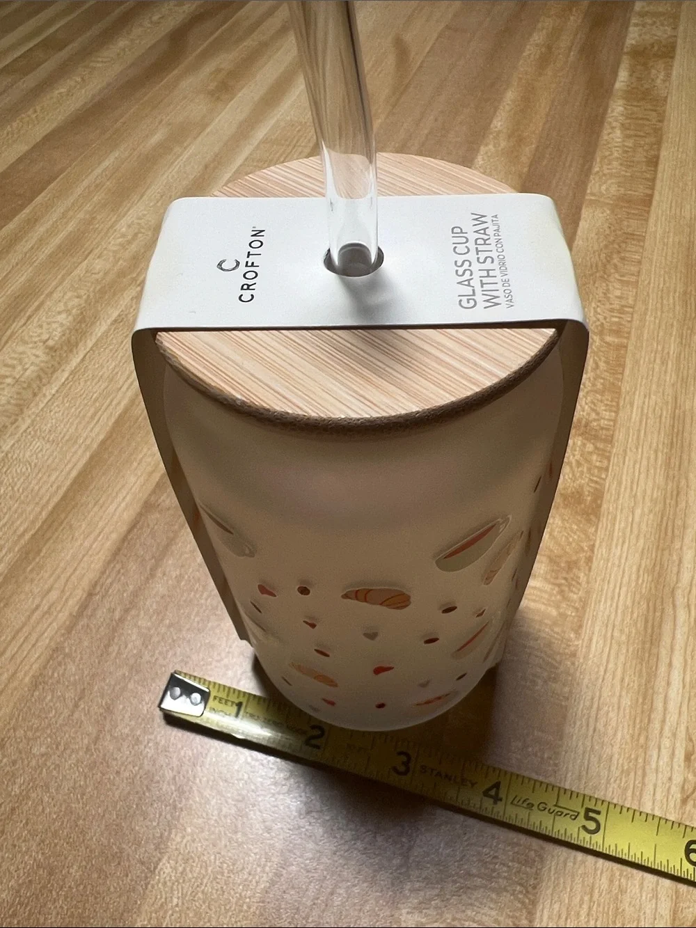 #2684*”Frosted Glass Breakfast Travel Cup with Beige Lid and Straw